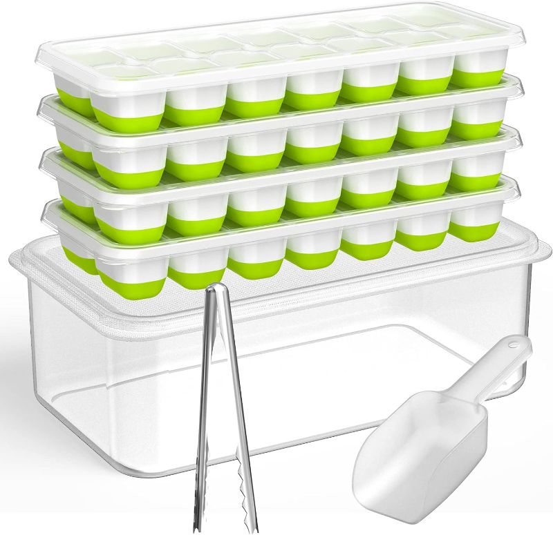 Photo 1 of  Ice Cube Tray with Lid and Bin, 4 Pack Silicone Plastic Ice Cube Trays for Freezer with Ice Box, Ice Trays with Ice Container, Stackable Ice Tray with Storage Ice Bucket Kits,Ice Tong,Ice Scoop