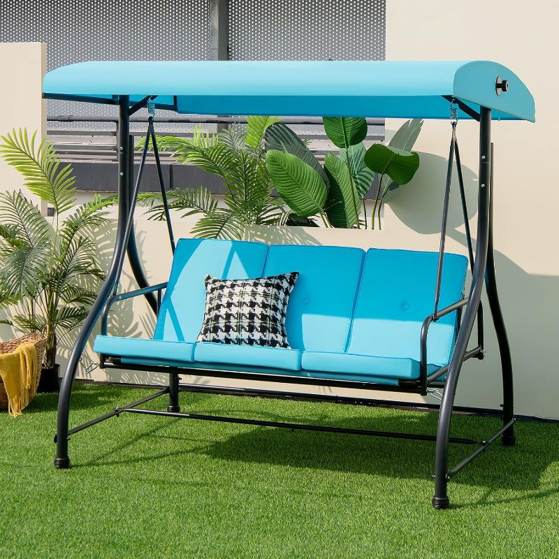 Photo 1 of  3 Person Porch Swing, 2-in-1 Convertible Patio Swing Bed with Removable Cushions, Solid Steel Structure, Outdoor Swing with Adjustable Canopy for...