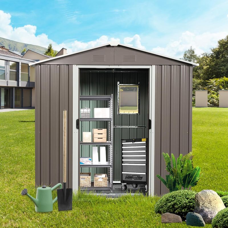 Photo 1 of 
GLANZEND 9x6 FT Outdoor Metal Storage Shed, Garden Tool Storage House with Floor Foundation, 4 Vents and 2 Sliding Doors for Backyard, Patio, Garage, Lawn,...