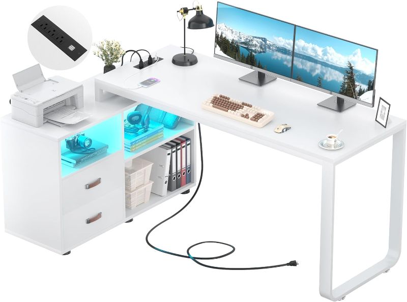 Photo 1 of 
Homieasy L Shaped Desk with File Cabinet & Power Outlet, Reversible 55 Inch Large Corner Computer Desks with LED Strip, L-Shaped Desk with Drawers and...