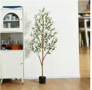 Photo 1 of 5 ft Artificial Olive Plants with Realistic Leaves and Natural Trunk, Silk Fake Potted Tree with Wood Branches and Fruits, Faux Olive Tree for Office Home Decor