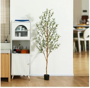 Photo 1 of 6 ft Artificial Olive Plants with Realistic Leaves and Natural Trunk, Silk Fake Potted Tree with Wood Branches and Fruits, Faux Olive Tree for Office Home Decor