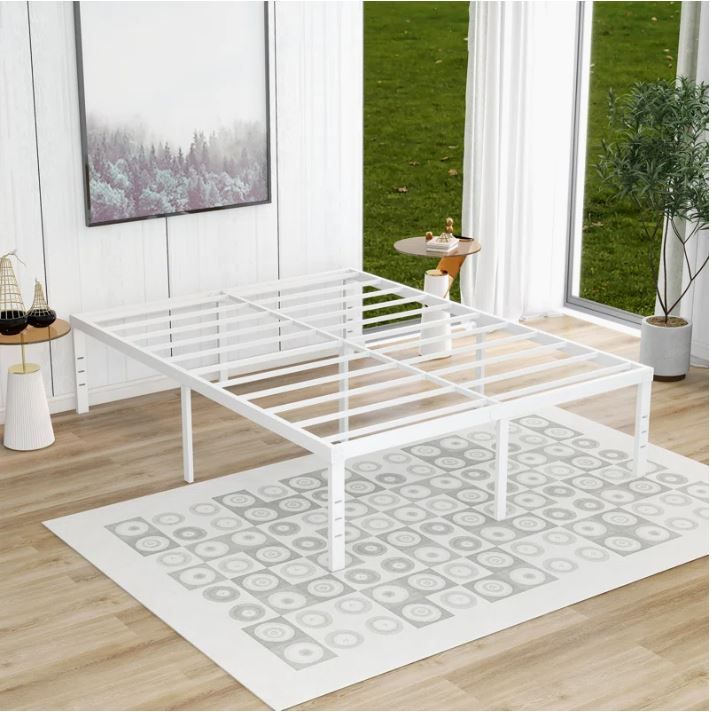 Photo 1 of 18 inch metal platform bed frame, heavy duty steel slats white, queen sized