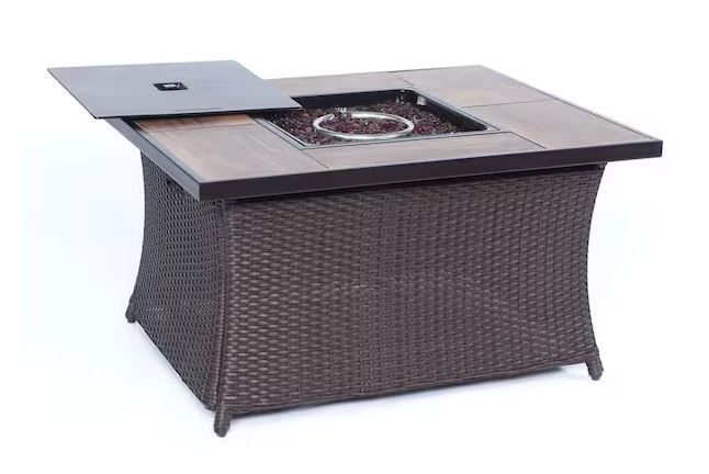 Photo 1 of ***FACTORY SEALED***
***3 BOXES***
9.8 in. Aluminum Fire Pit in Woven Brown Wicker with Wood Grain Tile Top (3 pieces sold as whole set)