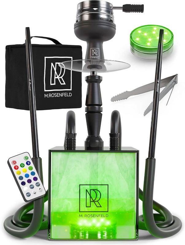 Photo 1 of 2 Hose Hookah Set with Travel Case - YADO Square Hookah To Go - Cube Acrylic Hookah with Big Silicone Bowl for Smoking Coal Tongs Amazing Led Light Remote for Better Shisha Narguile Smoking