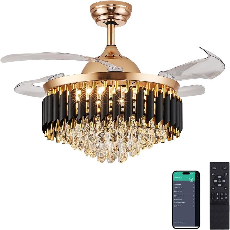 Photo 1 of 48" Dimmable Gold Fandelier Crystal LED Ceiling Fans with Lights and Remote Modern Retractable Blade Ceiling Lighting Fan Kit for Bedroom Dinning Room Living Room