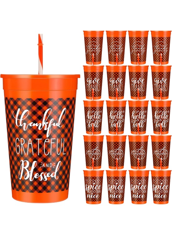 Photo 1 of (2 Pack Bundle) 24 Pack 34 oz Fall Plastic Cups with Lids and Straws Hello Fall Sign Coffee Cup Reusable Plastic Cups Autumn Drinking Cups Gift for Thanksgiving Outdoor Camping Party Campfire