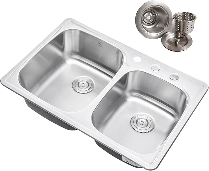 Photo 1 of 33 in. Drop-In 60/40 Double Bowl 18 Gauge Stainless Steel Kitchen Sink with Pull-Down Faucet