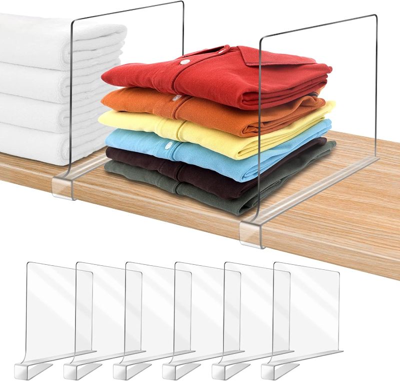 Photo 1 of Acrylic Shelf Dividers for Closet Organization 6PCS Closet Shelf Divider Closet Dividers for Shelves Shelf Organizer for Closet Shelf Organizer for Wood Closet Separator Clear
