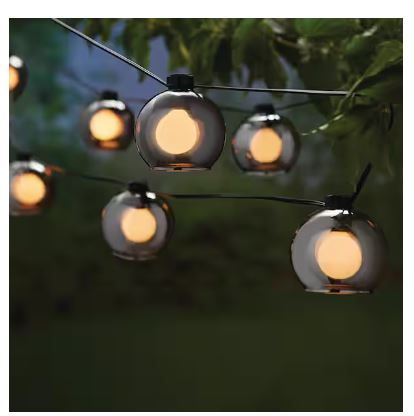 Photo 1 of 8-Light 10 ft. Black Indoor/Outdoor Plug-In String Light with white Glass Shades and Incandescent Bulbs