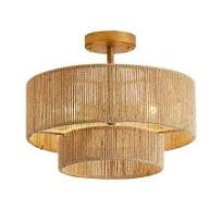 Photo 1 of 15.4 in. 3-Light Bohemian Antique Gold 2-Tier Drum Semi- Flush Mount with Natural Jute Rope Shade