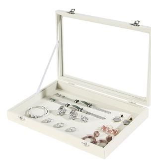 Photo 1 of Jewelry Organizer Display Case Box Showcase with Glass Lid (Beige, Blank Grid)
