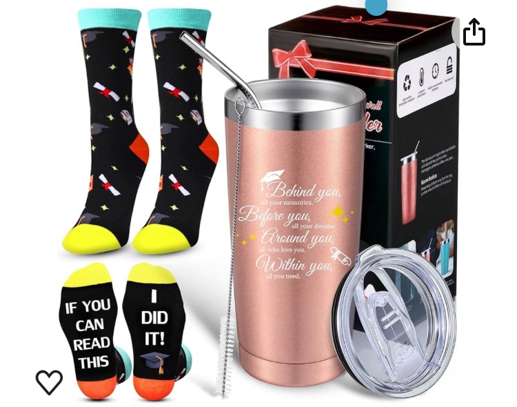 Photo 1 of atelai Inspirational Graduation Gift for Her Him 2024 Behind You All Your Memories Travel Tumbler Encouragement Gift for Women Men Son 20oz Tumbler Mug with Lid Straw Brush Socks (Rose Gold)