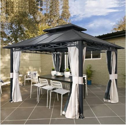 Photo 1 of 12 ft. x 10 ft. Black Outdoor Permanent Double Roof Hardtop Gazebo with Mosquito Mesh Netting and Privacy Curtains

