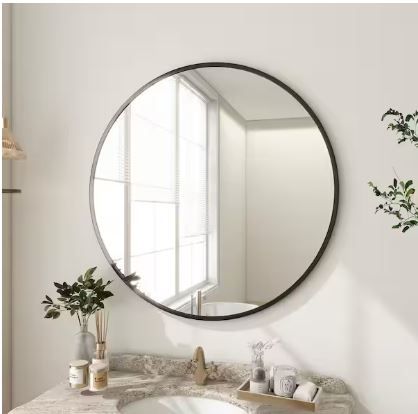 Photo 1 of 30 in. W x 30 in. H Round Metal Framed Wall Bathroom Vanity Mirror Black
