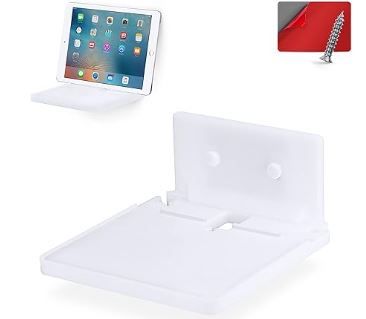 Photo 1 of BRAINWAVZ [EOL] 6.5" Floating Shelf with Tablet & Phone Wall Mount Holder Ideal for Bedside, Kitchens, Bathrooms, Can Also Hold Books, Plants, Cameras & Speakers - Adhesive & Screw-in (White) [EOL]