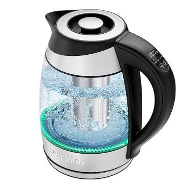 Photo 1 of Chefman Electric Kettle with Temperature Control, 5 Presets LED Indicator Lights, Removable Tea Infuser, Glass Tea Kettle & Hot Water Boiler, 360° Swivel Base, BPA Free, Stainless Steel, 1.8 Liters
