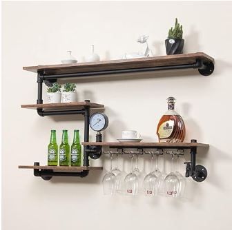 Photo 1 of HEONITURE Industrial Pipe Shelves Wine Rack Wall Mounted with 4 Stem Glass Holder,Bar Shelves 39in Metal Hanging Wine Rack, Rustic Floating Pipe Shelf, Living Room Kitchen Decor Display Rack Black 39in