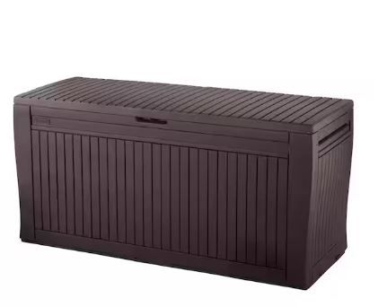 Photo 1 of Comfy 71 Gal. Resin Durable Plastic Wood Look All Weather Outdoor Storage Deck Box, Brown
