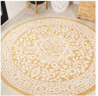 Photo 1 of Sinjuri Medallion Textured Weave Yellow/Cream 5 ft. Round Indoor/Outdoor Area Rug
