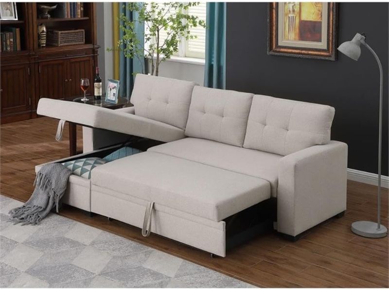 Photo 1 of ***BOX 1 OF 3 ONLY/INCOMPLETE SET**Devion Furniture L-Shaped Polyester Fabric Reversible, Easy Convertible Pull-Out Sleeper Sectional Sofa/Storage Chaise with Tufted Back Cushions and Track Arms in Beige