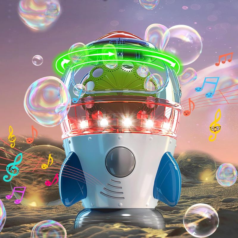 Photo 1 of **NO BOX/NO BUBBLES**Bubble Machine, Automatic 360° Rotatable Rocket Blower Machine with 2 Fans Lights Music for Kids Toddlers 1-3 Bubble Maker Machine for Indoor Outdoor Wedding Party Birthday Gifts