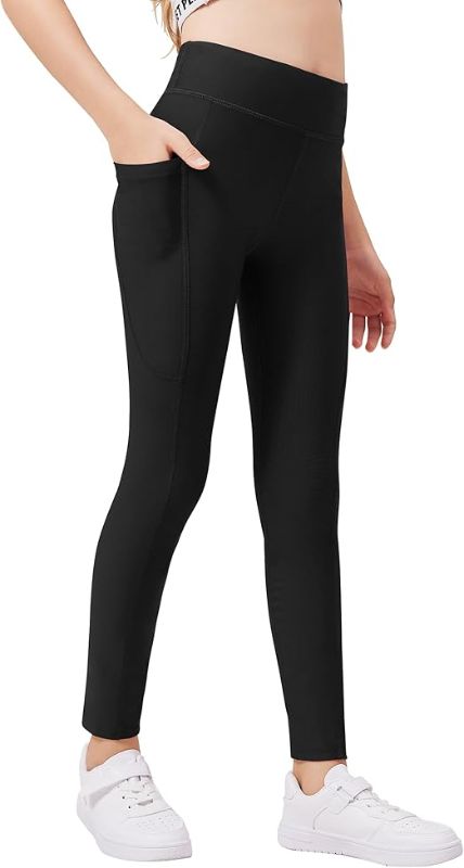 Photo 1 of  Girls Fleece Lined Leggings Warm Winter Running Tights for Kids High Waist Athletic Yoga Pants with Pockets SIZE 10-12