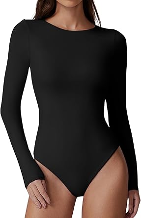 Photo 1 of Alireverie Womens Crew Neck Long Sleeve Bodysuit Double Lined Body Suits Basic T-Shirt Tops