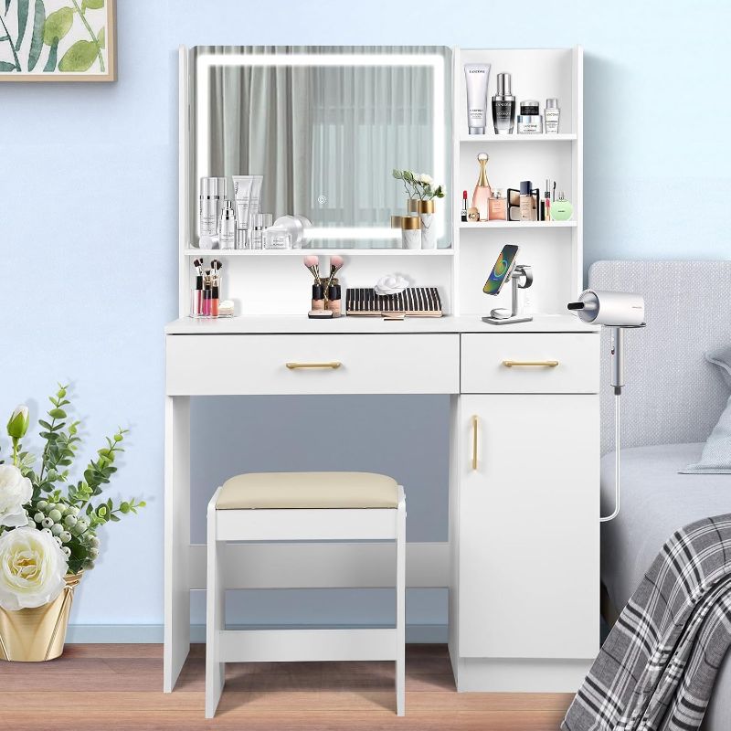 Photo 1 of **ONLY THE MIRROR AND 3 SHELVES/MISSING DESK AND CHAIR/SIMILIAR TO PICTURE***Vanity Set - White Vanity Desk with Mirror, Lights, Drawers, Charging Station, Chair & Storage