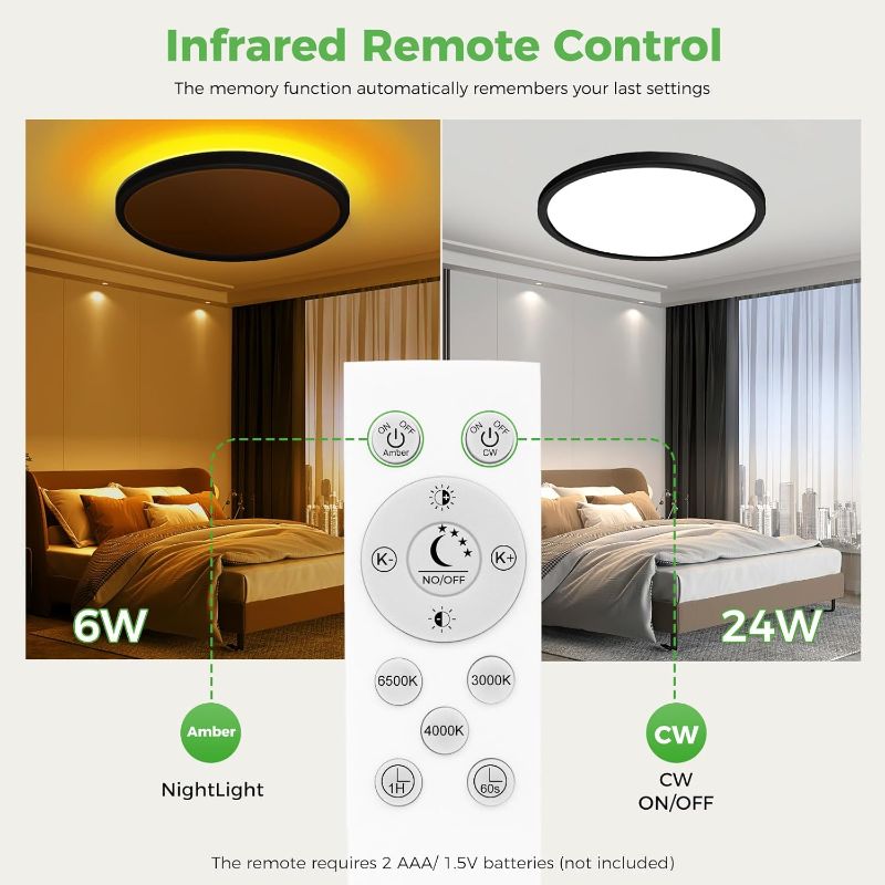 Photo 1 of **NO REMOTE/NOT IN ORIGINAL PACKAGE**zemty 12 Inch LED Ceiling Light with Night Light 1800K, 3000K/4000K/6500K Dimmable Light Fixtures with Remote Control,24W 2400lm Low Profile Ceiling Lamp for Bedroom LivingRoom Kitchen-Black 12 IN ONE PACK BLACK