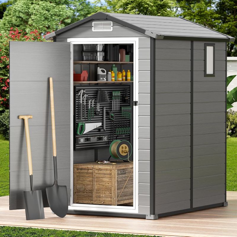Photo 1 of  PARTIAL SET GVDV 4×6 FT Outdoor Resin Plastic Storage Shed with Reinforced Floor, All-Weather Plastic Shed with Lockable Door, Window and Vent, Waterproof Tool Storage for Garden, Backyard, Patio, Tool Storage
