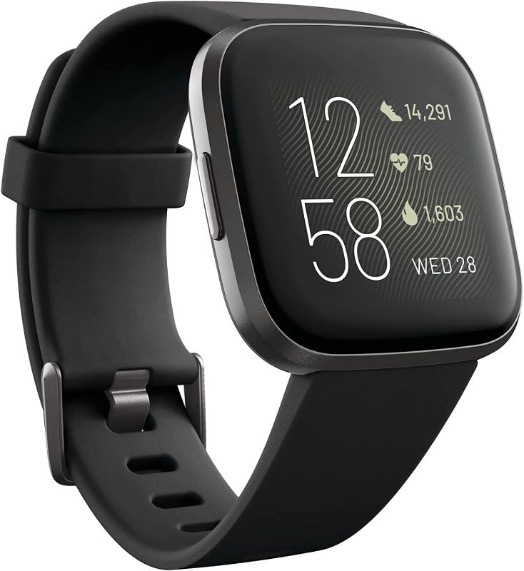 Photo 1 of Fitbit Versa 2 Health & Fitness Smartwatch with Heart Rate, Music, Alexa Built-in, Sleep & Swim Tracking, Black/Carbon, One Size (S & L Bands Included) (Renewed)
