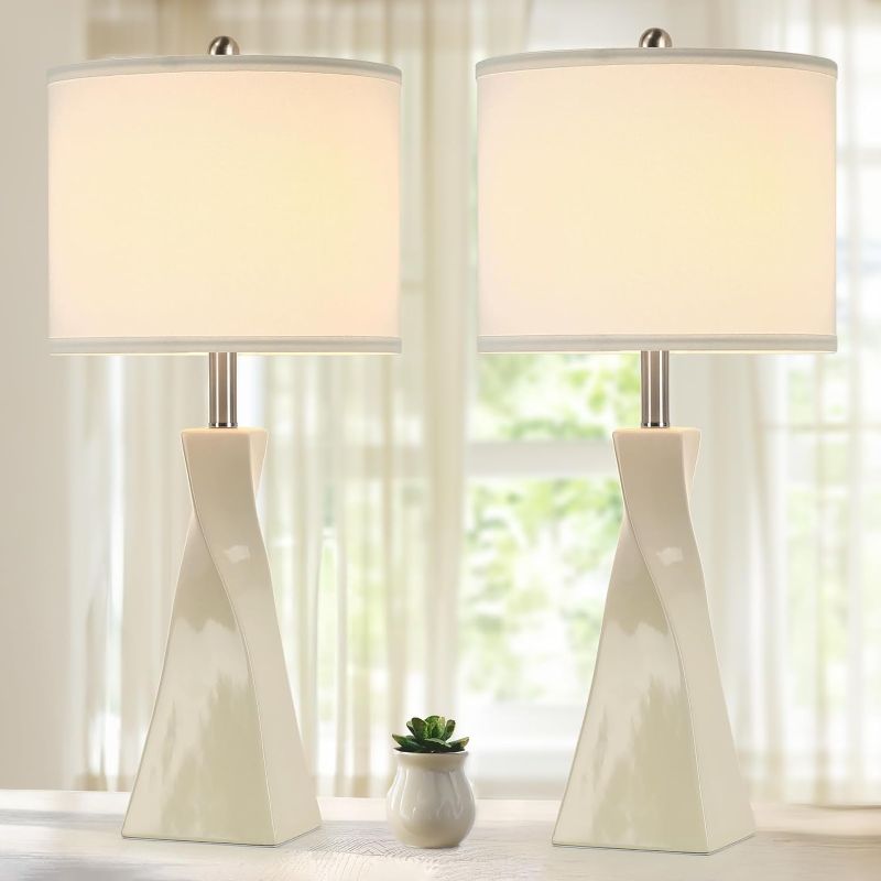 Photo 1 of 29 Inch Table Lamp Set of 2, Off-White Ceramic Nightstand Lamps with Rotary Switch, Bedside Lamp with E26 Base & Fabric Lampshade, Modern End Table Tall Lamps for Bedroom Living Room Entryway
