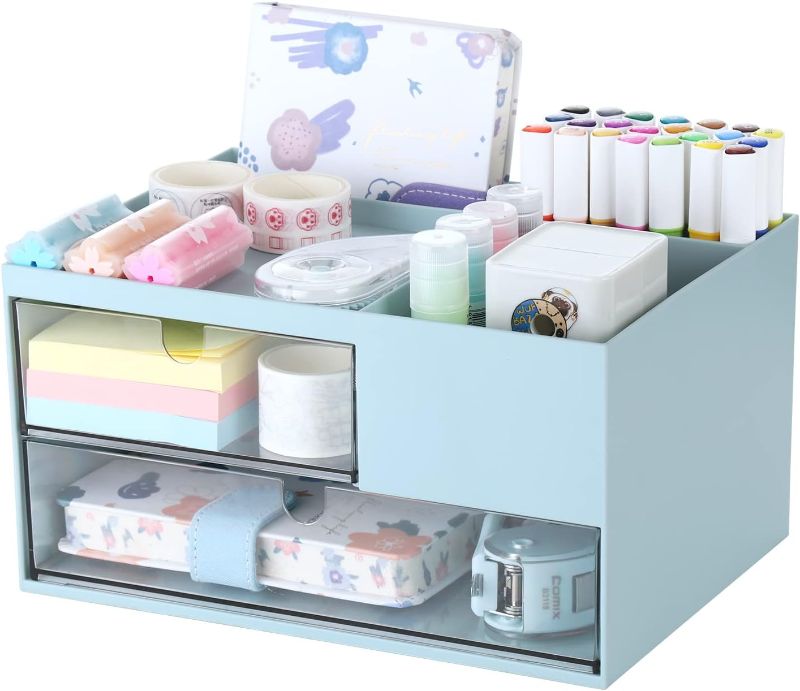 Photo 1 of Comix Desk Organizer, with 2 drawers,4 compartments,large capacity Plastic Makeup Organizer, used for Jewelry, Remote Control,Mobile Phone,Pens,Notebook,Stationery Storage Box WHITE