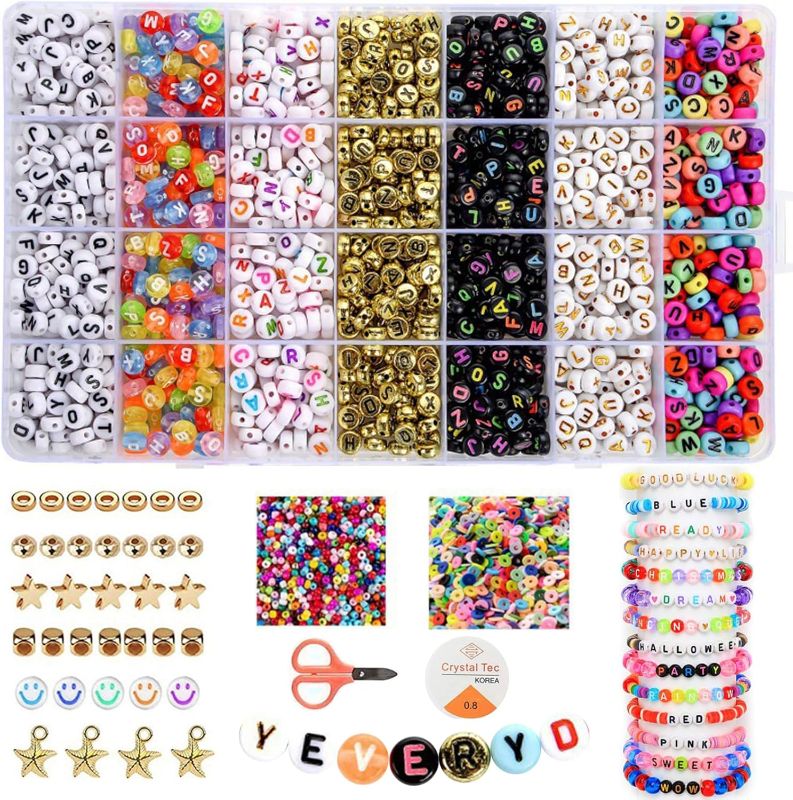 Photo 1 of *** SIMILAR *** 2600pcs Beads for Bracelet Making Kit-1400pcs 7 Style Letter Beads with 500pcs Pony Beads 500Pcs Clay Beads for Friendship Bracelet Making Kit, Jewelry Making Kit Name Personalized Bracelets
