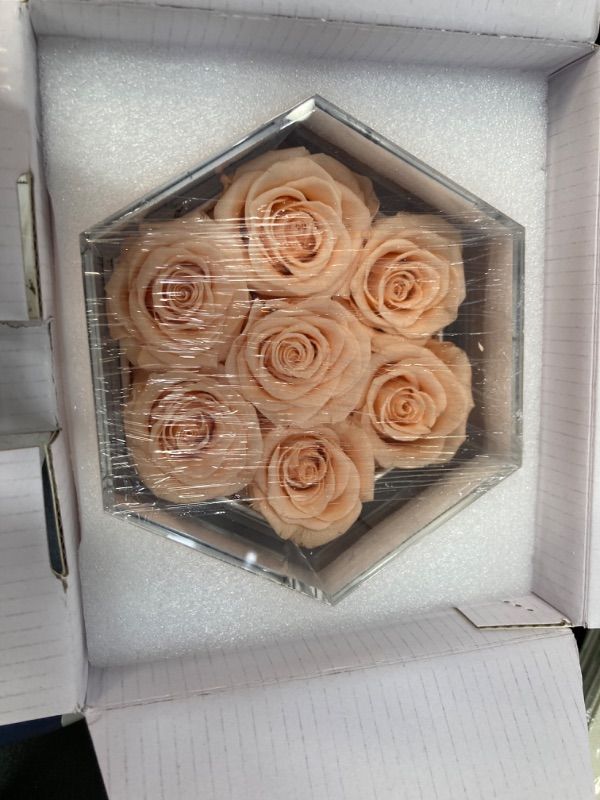 Photo 1 of 12 Forever Roses in a Box - Preserved Rose Bouquet - Valentines Mothers Day Anniversary Birthday Flowers for Women Mom Wife Girlfriend and Her (Hexagon-Champagne)