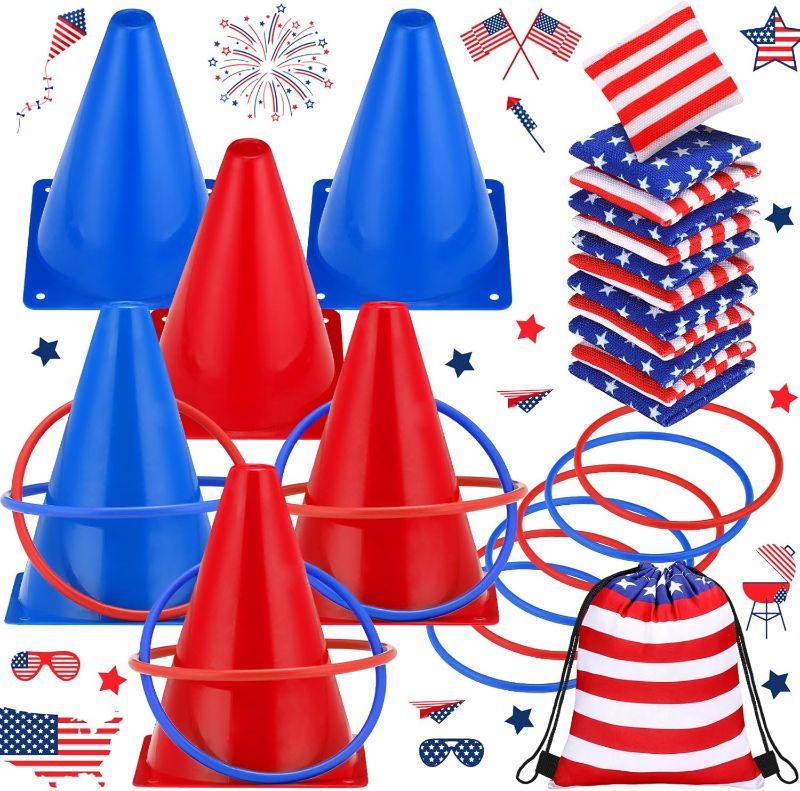 Photo 1 of 31 Pcs 3 in 1 Carnival Outdoor Games Combo Set 4th of July Ring Toss Games for 6 Plastic Cones 12 Rings with 12 Cornhole Bean Bags and 1 Carrying Case for Birthday Indoor Party Supplies