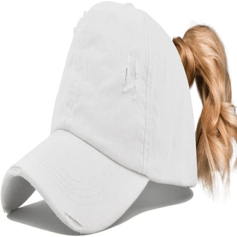 Photo 1 of Henwarry Women's Washed Distressed Cotton Denim High Ponytail Hat Adjustable Baseball Cap (H02-White)