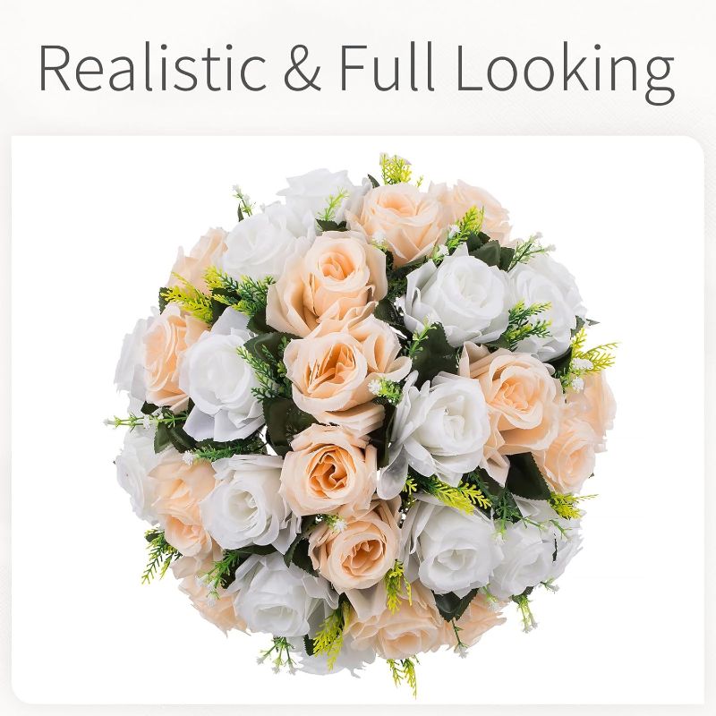 Photo 1 of NUPTIO Large Flower Wedding Centerpieces - 10 Pcs 13.8in Diam Champagne & White Artificial Flowers Rose Ball for Centerpieces Tables - Fake Rose Arrangements for Weddings Table Decorations