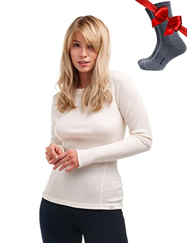 Photo 1 of Merino.tech Merino Wool Base Layer Women 100% Merino Wool Midweight Long Sleeve Thermal Shirts + Wool Socks (Large, 250 Natural Merinos)