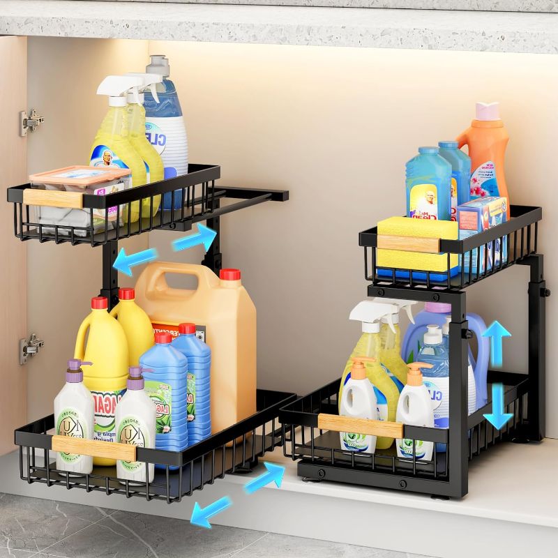 Photo 3 of  Under Sink Organizer, 2 Pack Height Adjustable Kitchen Organizers and Storage, 2 Tier Pull Out Sliding Cabinet Organizer, Multi-Use for Kitchen Bathroom Cabinet
