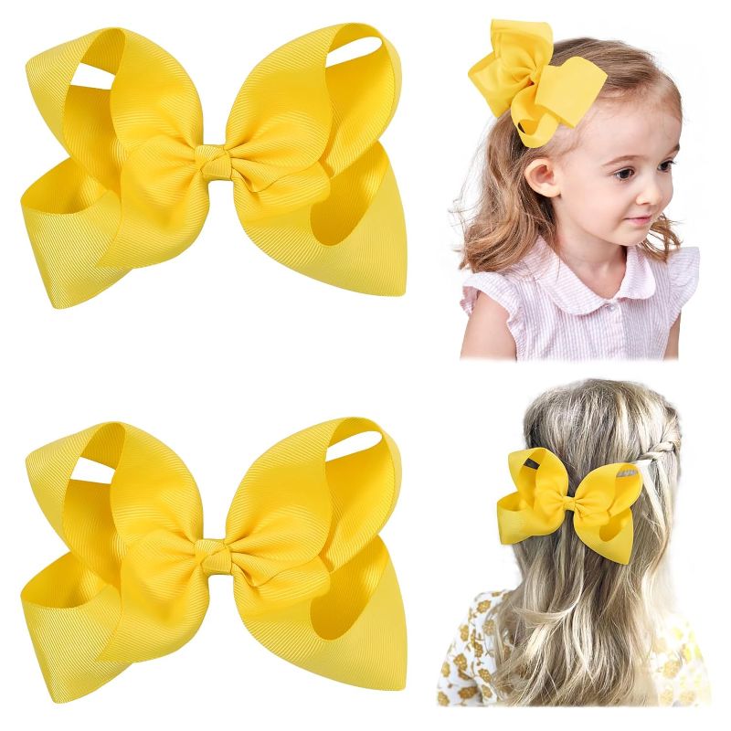 Photo 1 of 4 PCS 6" Big Hair Bows for Girls Alligator Clips Grosgrain Ribbon Solid Color Hair Accessories for Little Teen Toddler Girls Kids-Yellow
