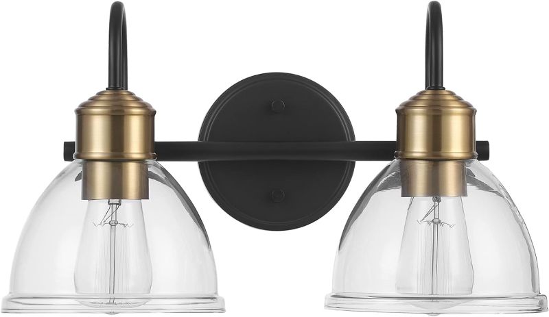 Photo 2 of *****STOCK IMAGE FOR SAMPLE*****
**SINGLE** Globe Electric 63000000 16" Vanity Light, Matte Black, Antique Brass Socket, Clear Glass Shades, Bulb Not Included