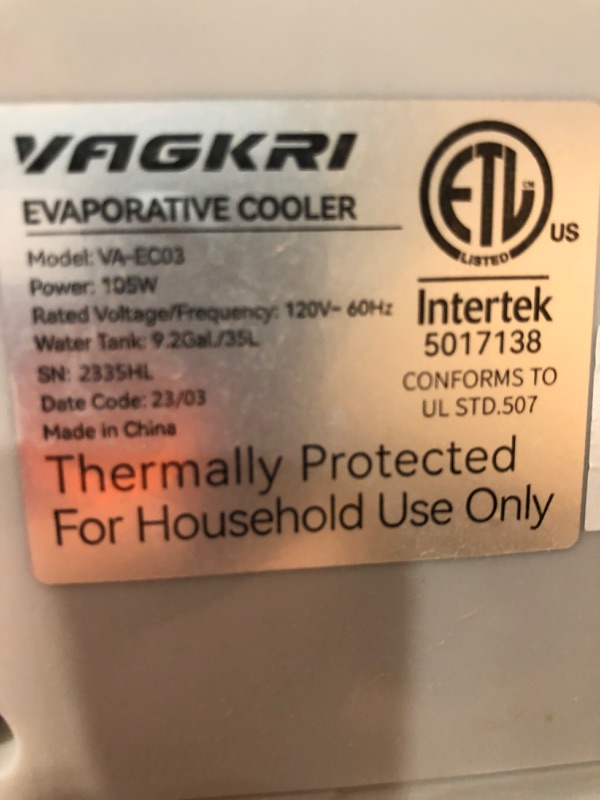 Photo 2 of ***NONREFUNDABLE - NOT FUNCTIONAL - FOR PARTS ONLY - SEE COMMENTS***
Evaporative Air Cooler, VAGKRI 2200CFM Swamp Cooler, 120°Oscillation Air Cooler with Remote Control, 24H Timer, 3 Modes & Wind Speeds for Outdoor Indoor Use, 9.2Gallon