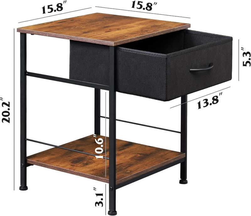 Photo 4 of (READ FULL POST) WLIVE Nightstand Set of 2, End Table with Fabric Storage Drawer and Open Wood Shelf, Bedside Furniture with Steel Frame, Side Table for Bedroom, Dorm, Easy Assembly, Black and Rustic Brown
