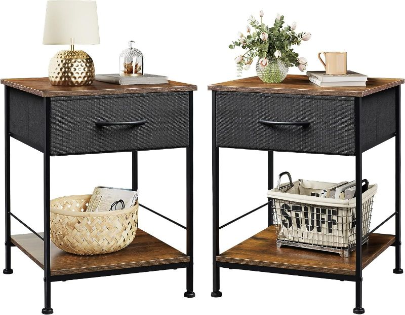 Photo 1 of (READ FULL POST) WLIVE Nightstand Set of 2, End Table with Fabric Storage Drawer and Open Wood Shelf, Bedside Furniture with Steel Frame, Side Table for Bedroom, Dorm, Easy Assembly, Black and Rustic Brown
