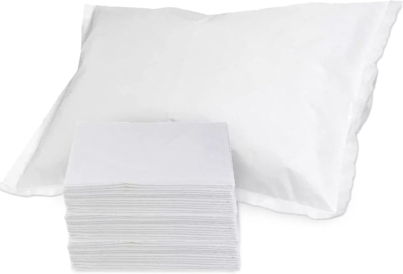 Photo 1 of Disposable Pillowcases (Pack of 100) – White, 21" x 30" (Tissue/Poly) Single-Use Pillow Covers – Medical Paper Supplies -Protects Against Stains and Spills Ambulance Services. Use for Travel
