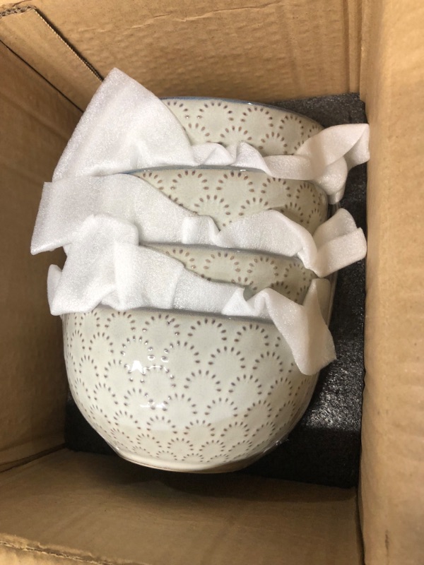 Photo 3 of 5.8" Embossment Design Ceramic Bowls Set of 4, 25.3 Fl Oz Porcelain Soup/Cereal/Rice Bowls for Kitchen, Small Bowl Set for Entertaining, Dinner, Housewarming Gift Idea-Grey Gray 5.8 in, 25.3Fl Oz