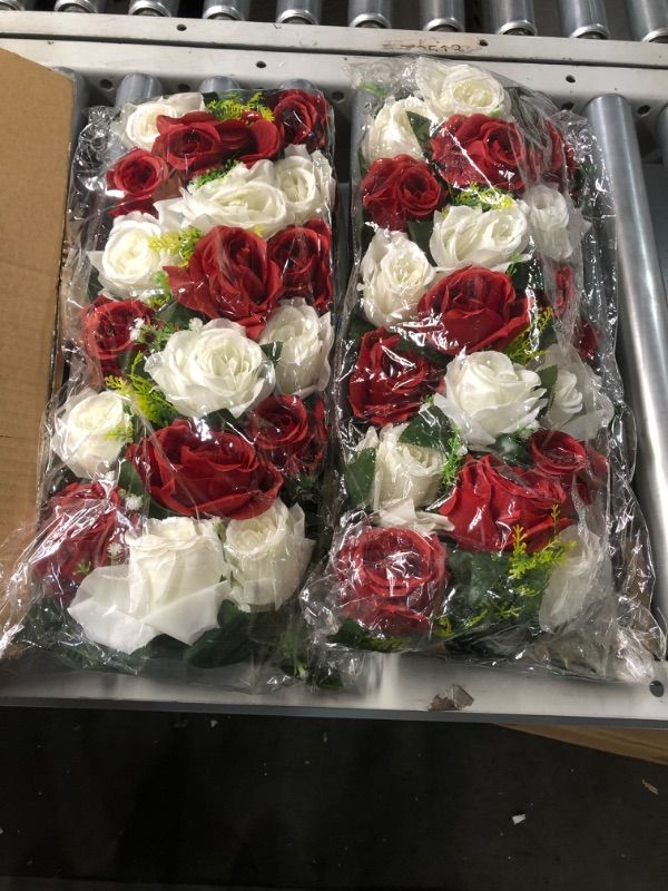 Photo 1 of BLOSMON Wedding Centerpieces for Tables Decorations 2Pcs Artificial Rose Floral Dining Table Centerpiece Burgundy&White Flower Arrangement for Table Runner Kitchen Living Room Reception Table Decor
