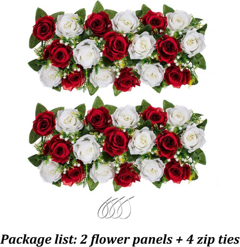 Photo 1 of BLOSMON Wedding Centerpieces for Tables Decorations 2Pcs Artificial Rose Floral Dining Table Centerpiece Burgundy&White Flower Arrangement for Table Runner Kitchen Living Room Reception Table Decor
